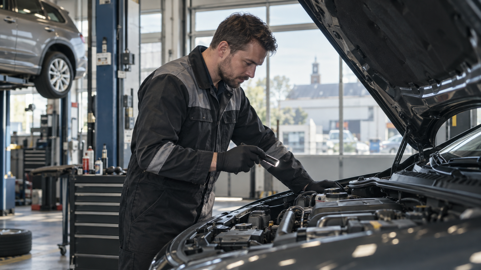 Gecertificeerde APK-keurmeester bij Autobedrijf Zaza inspecteert een auto in de garage in Zwolle