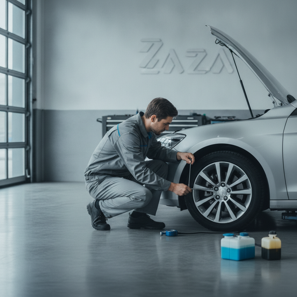 Monteur controleert bandenspanning en vloeistofniveaus bij een auto in de werkplaats van Autobedrijf Zaza