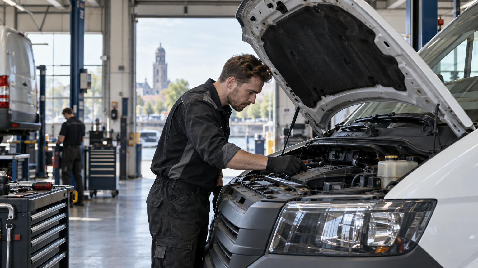 Monteur bij Autobedrijf Zaza inspecteert een bestelwagen in de werkplaats in Zwolle