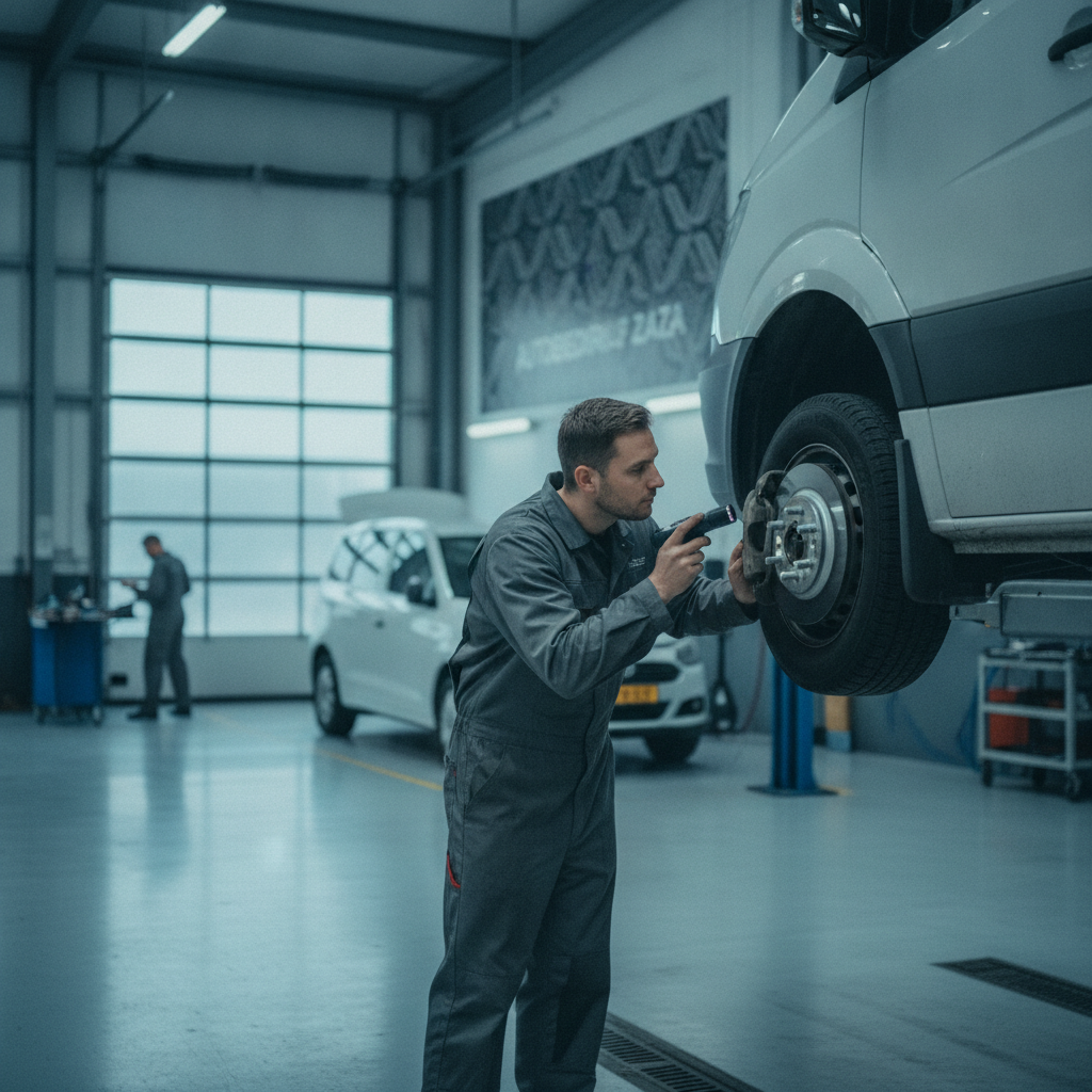 Monteur bij Autobedrijf Zaza inspecteert de remmen van een bestelwagen in de garage in Zwolle